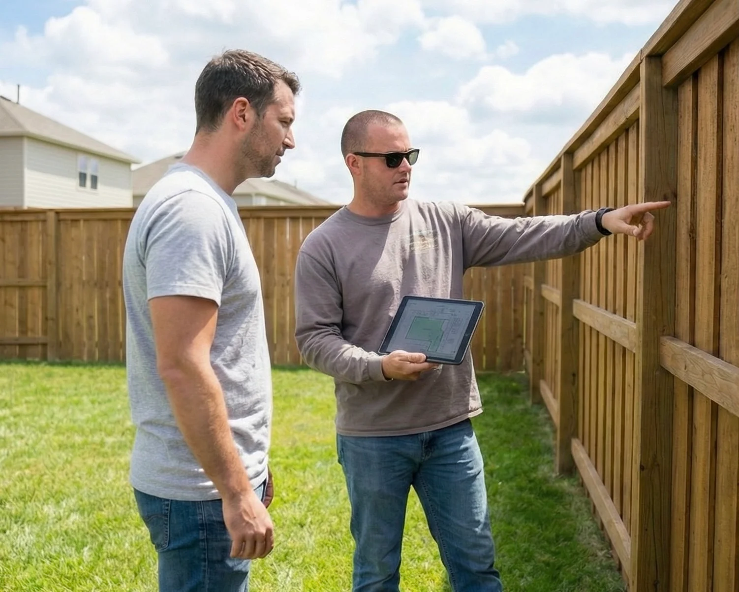 Professional consultation with tablet showing fence designs