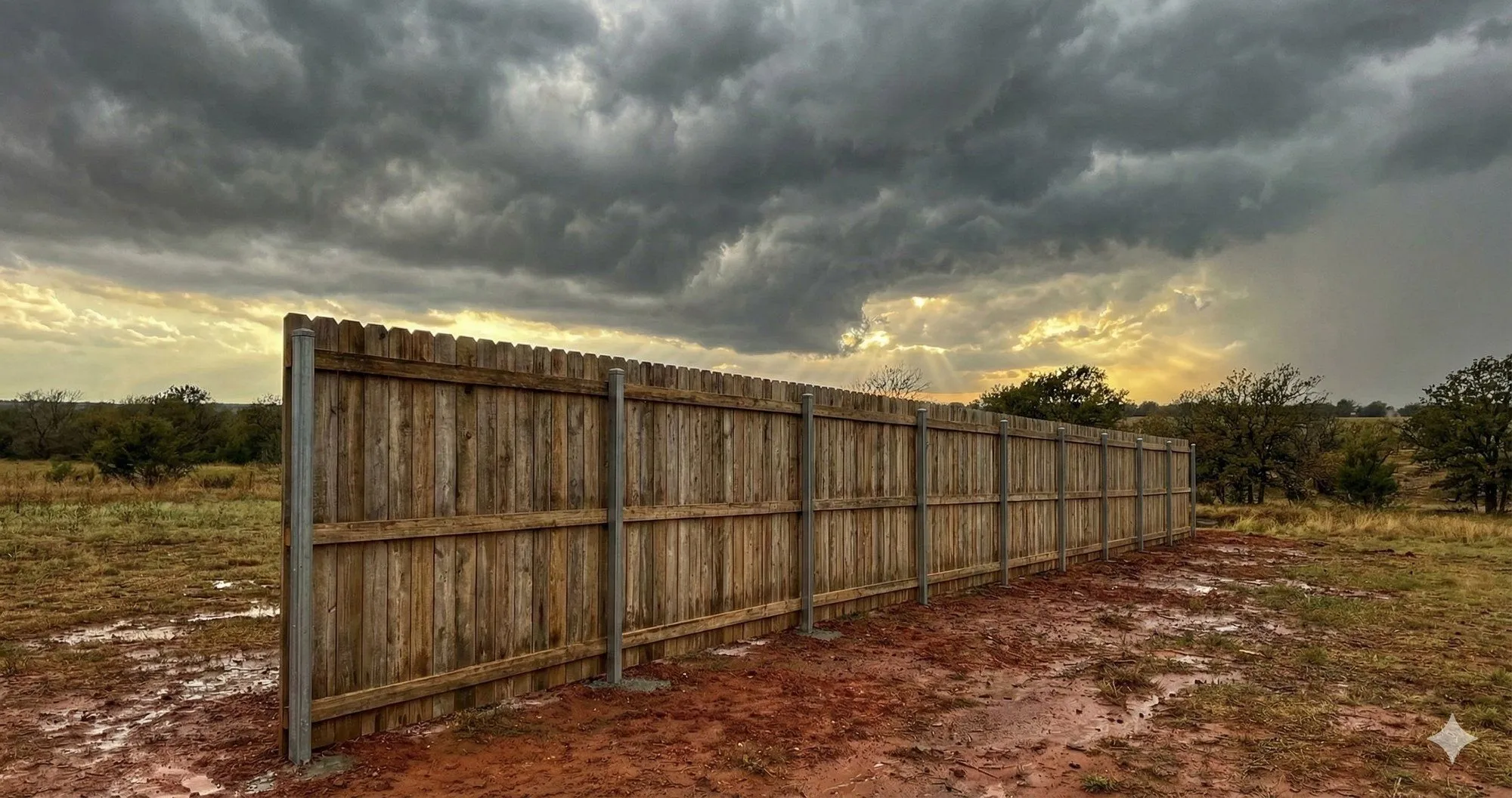 Cedar privacy fence against dramatic storm sky
