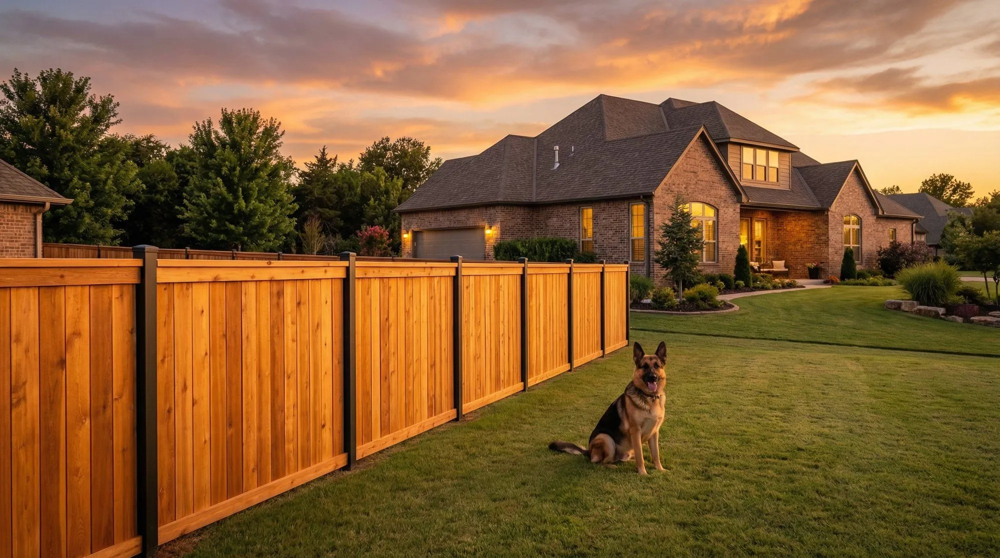 Cedar privacy fence at sunset with happy dog