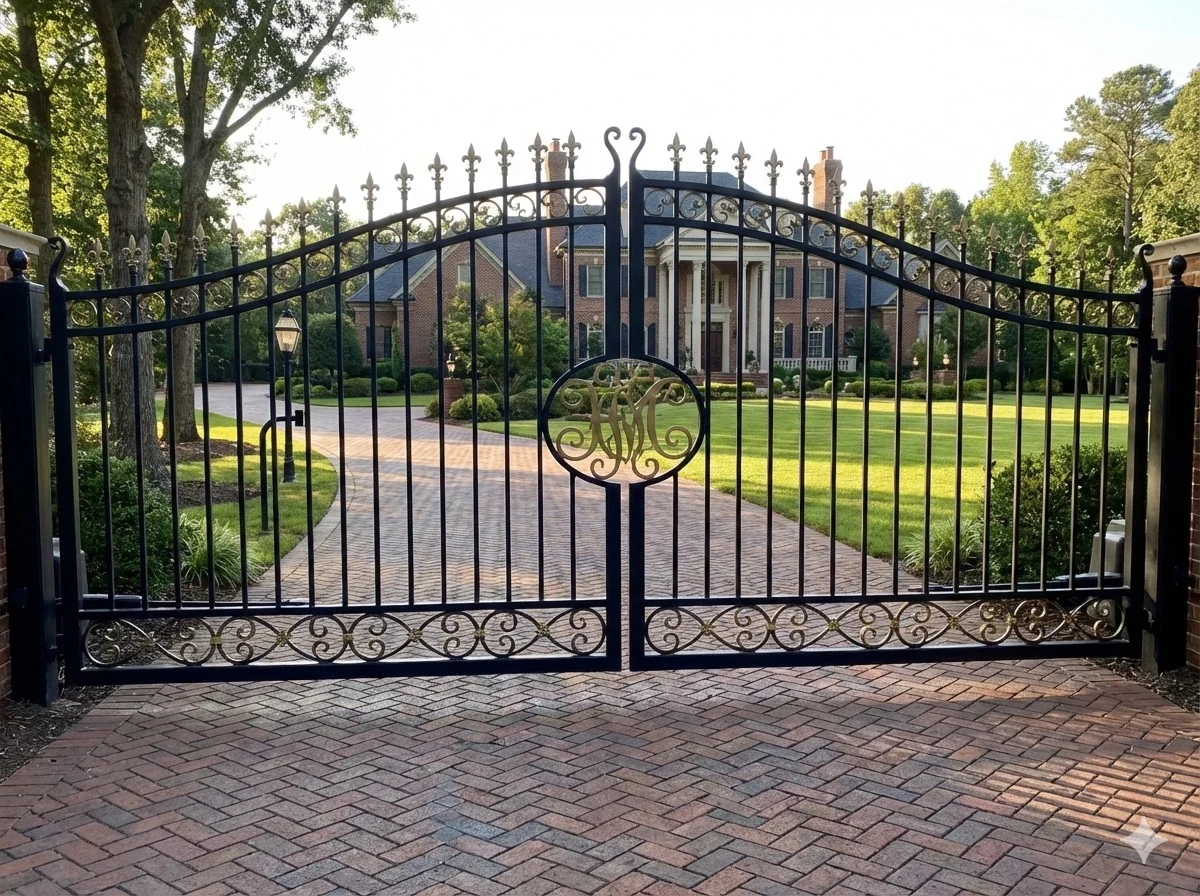 Ornamental iron gate at estate entrance