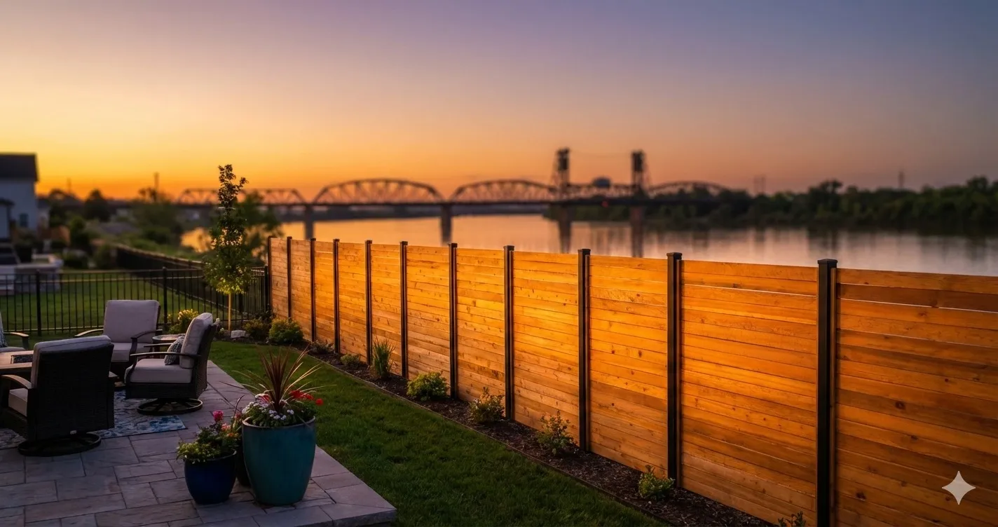 Cedar horizontal fence at sunset by river