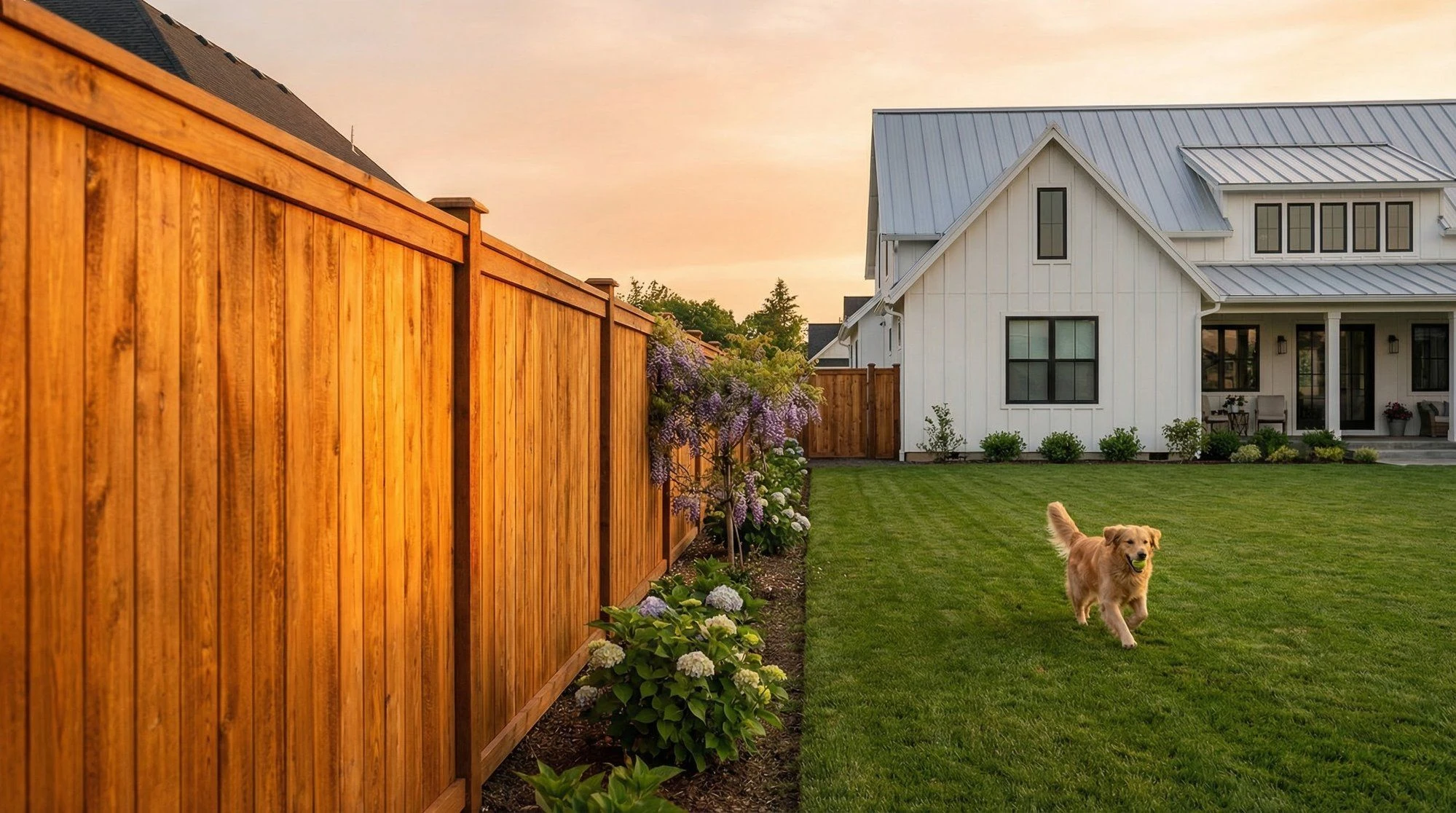 Beautiful cedar privacy fence with happy dog in backyard