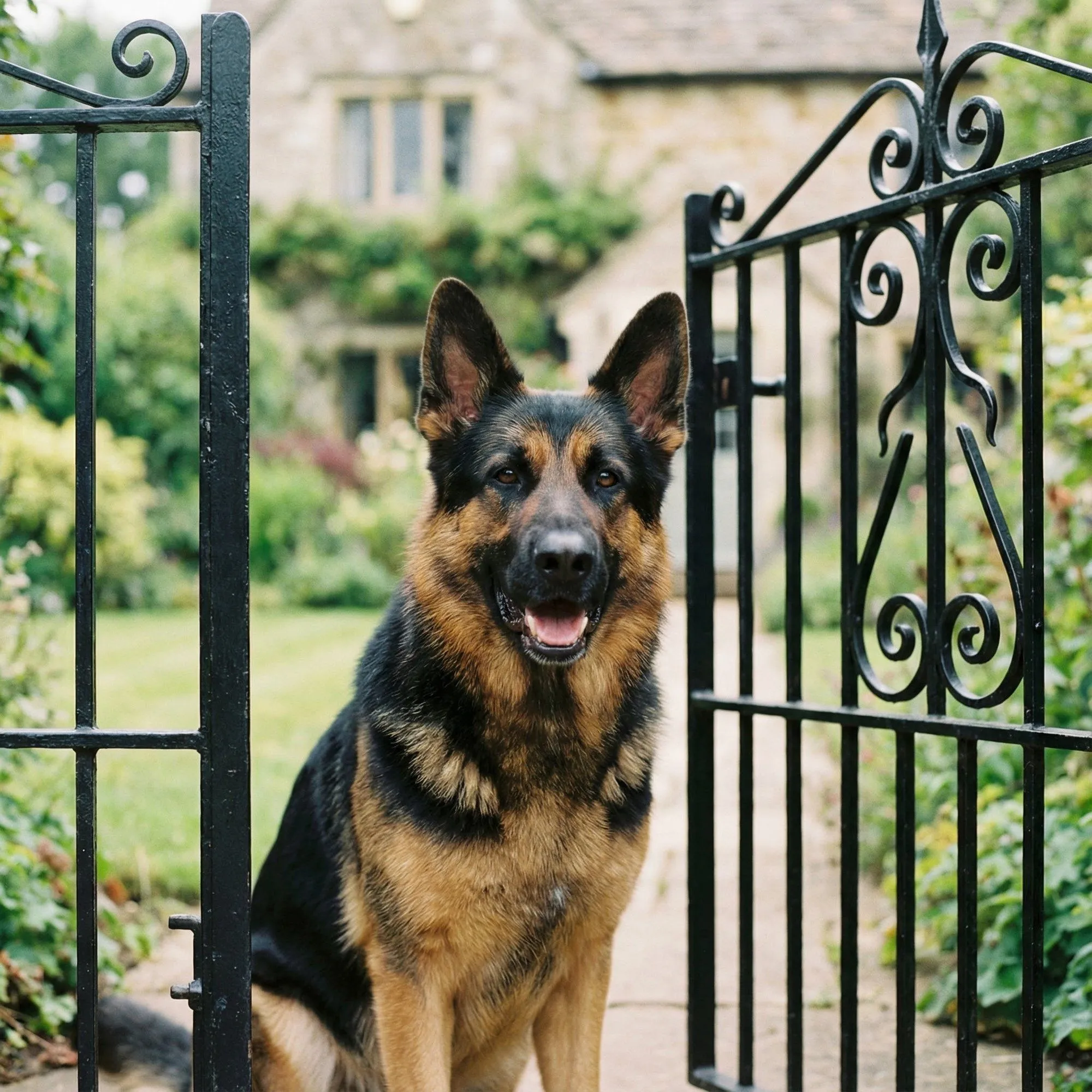 German shepherd by ornamental iron gate