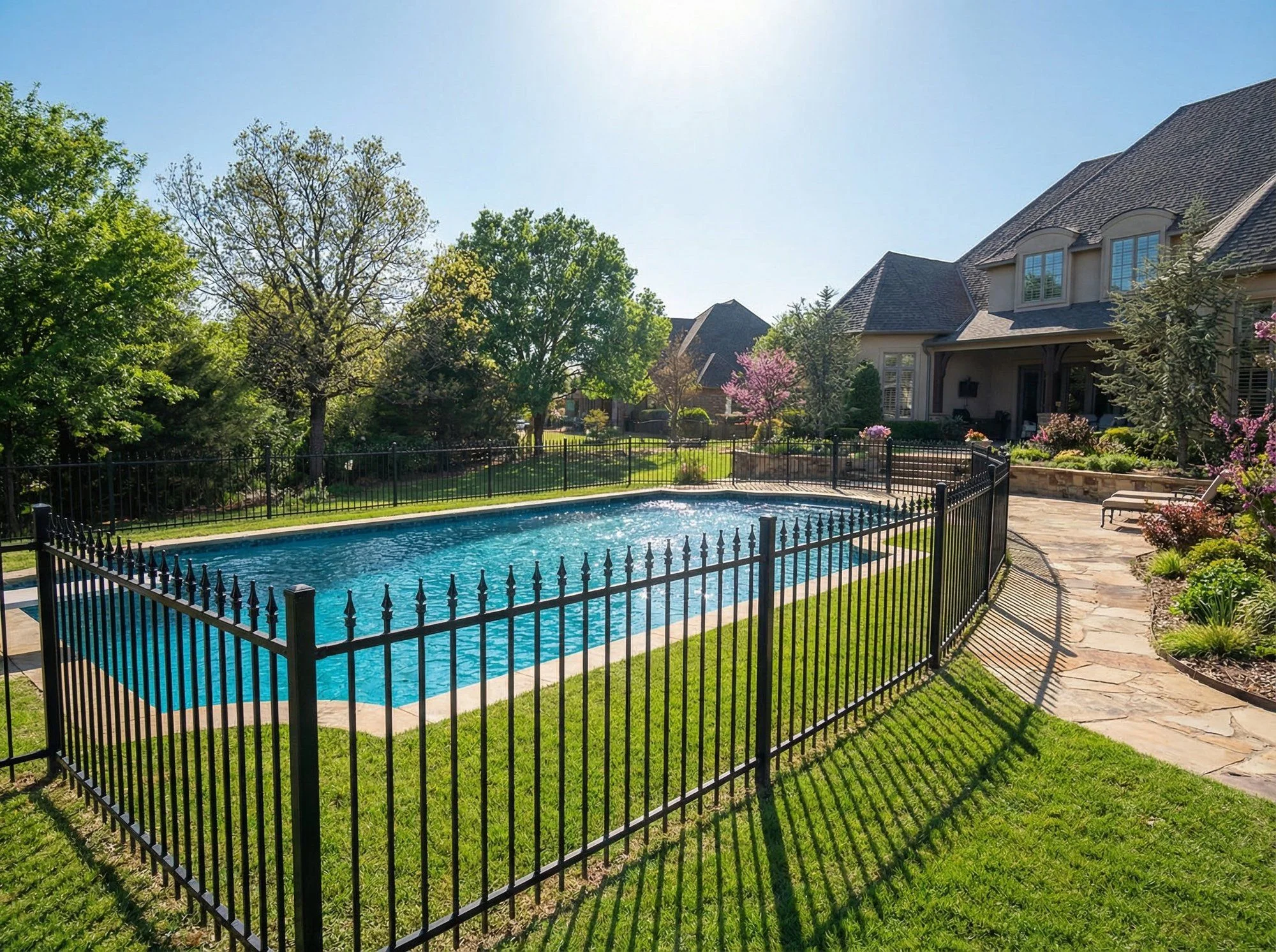 Black aluminum pool fence installation
