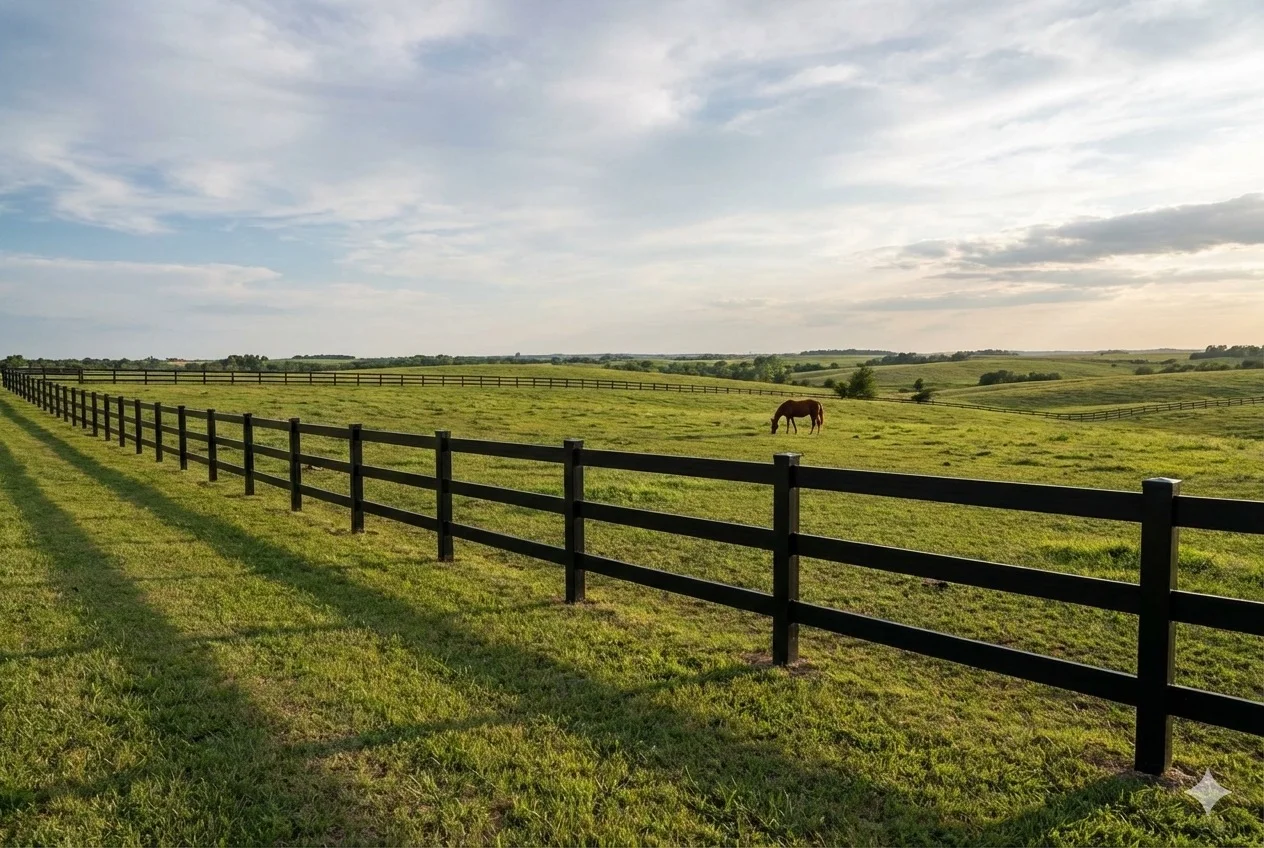 Ranch fence with horses in pasture