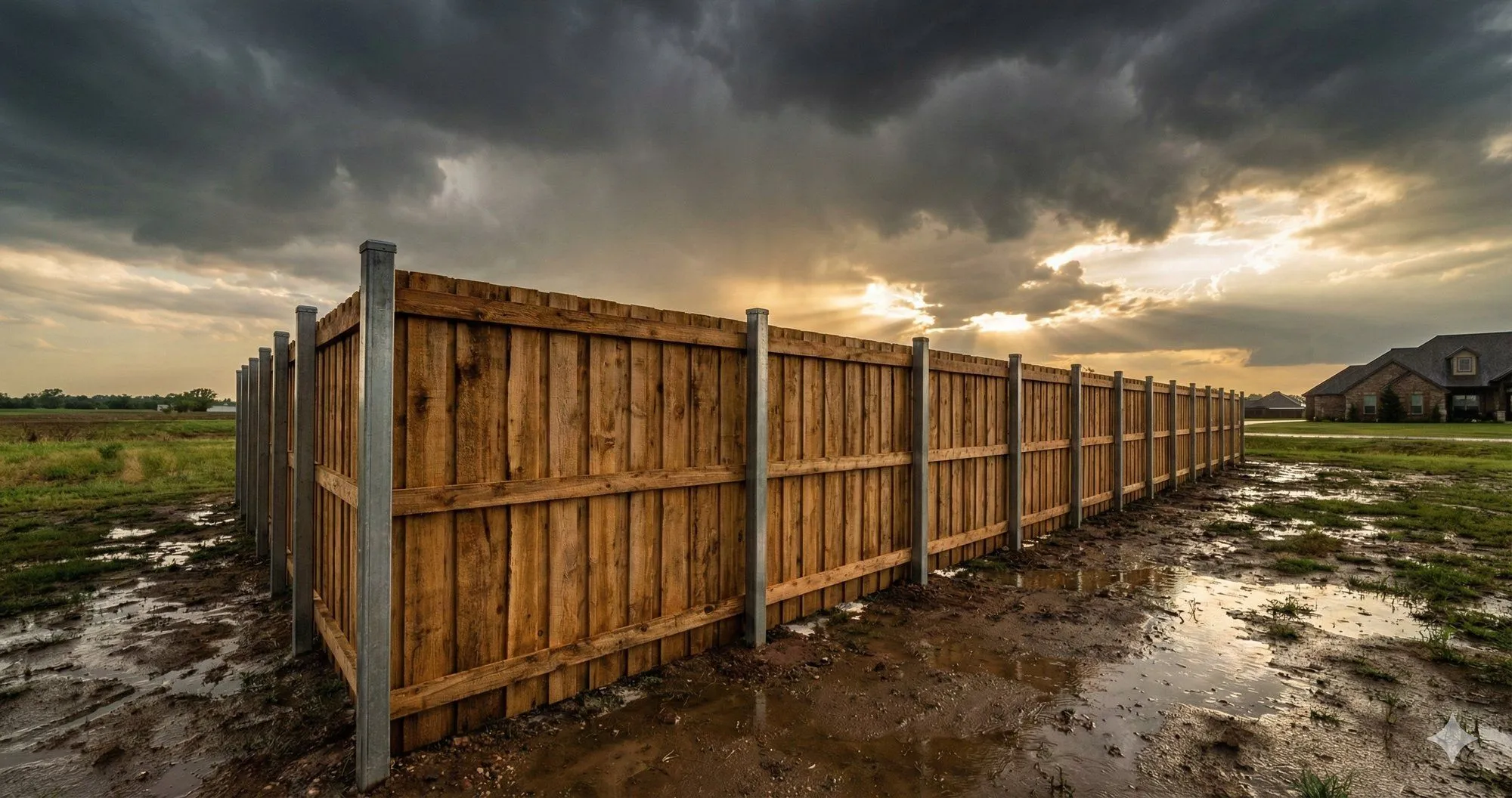 Wood privacy fence with dramatic storm clouds